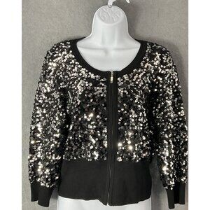 White House Black Market Jacket Womens Sz M Sequins‎ Black Silver Zipper Party